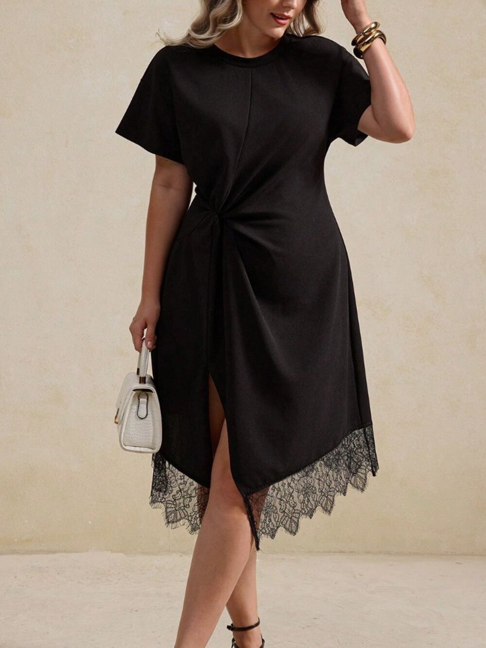 Black Casual Women's Asymmetrical Hem Twist Lace Patchwork Short Sleeve Dress - Picture 6 of 6